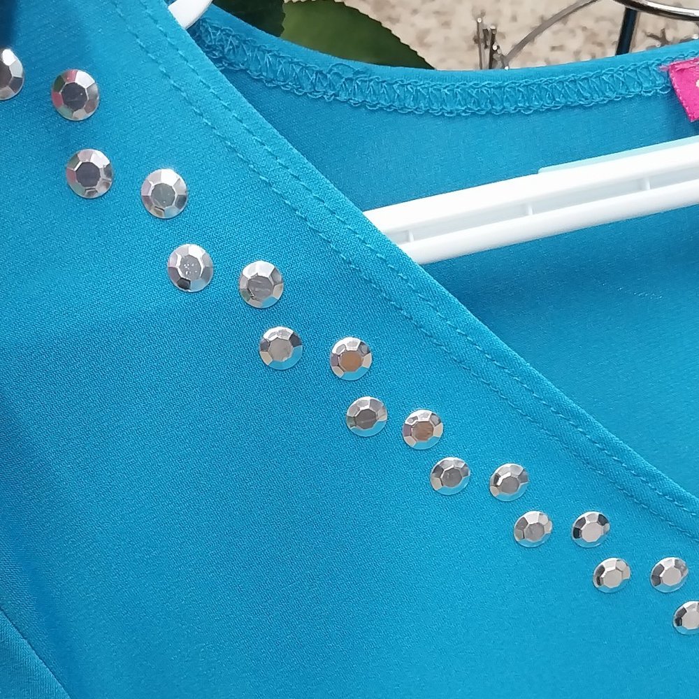 2957 Size Large Sunny Leigh Two Piece Teal Green Embellished Stretch Fabric Set - Picture 4 of 12